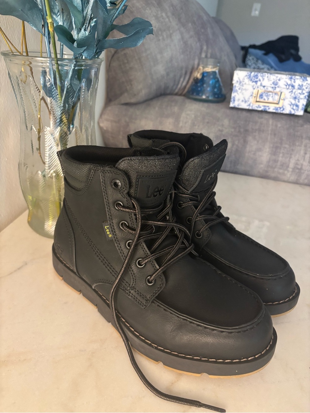 Lee Men's Black Lace-Up Work Boots with Contrast Stitching